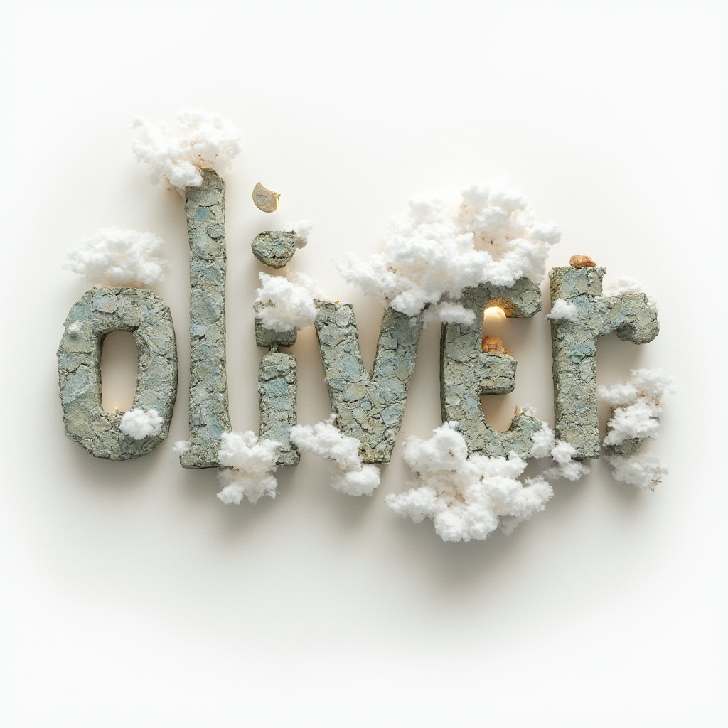 surreal tattoo concept where the name oliver is built from floating stone, clouds, and dreamlike elements on a white background