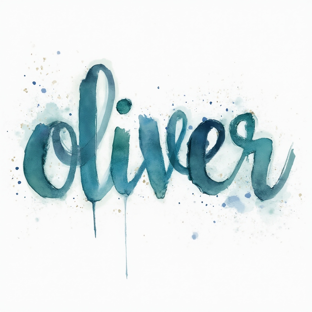 watercolor tattoo design where the name oliver is formed from colorful flowing brushstrokes on a white background