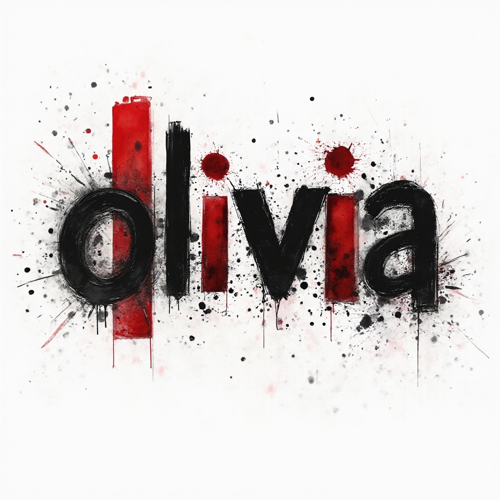 Trash Polka tattoo design where the name olivia is built from black brushstrokes and red splashes on a white background.