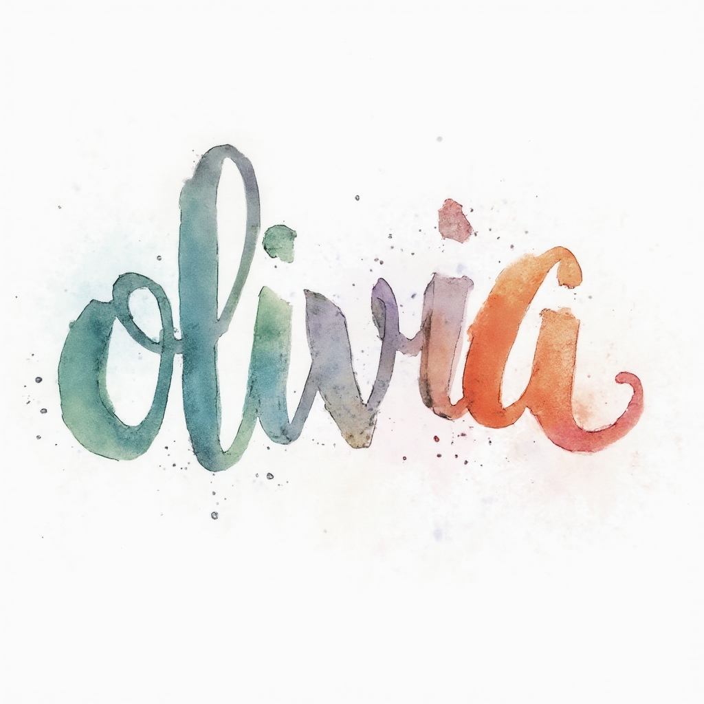 Watercolor-style tattoo concept where the name olivia is painted in fluid multicolor ink on a white background.