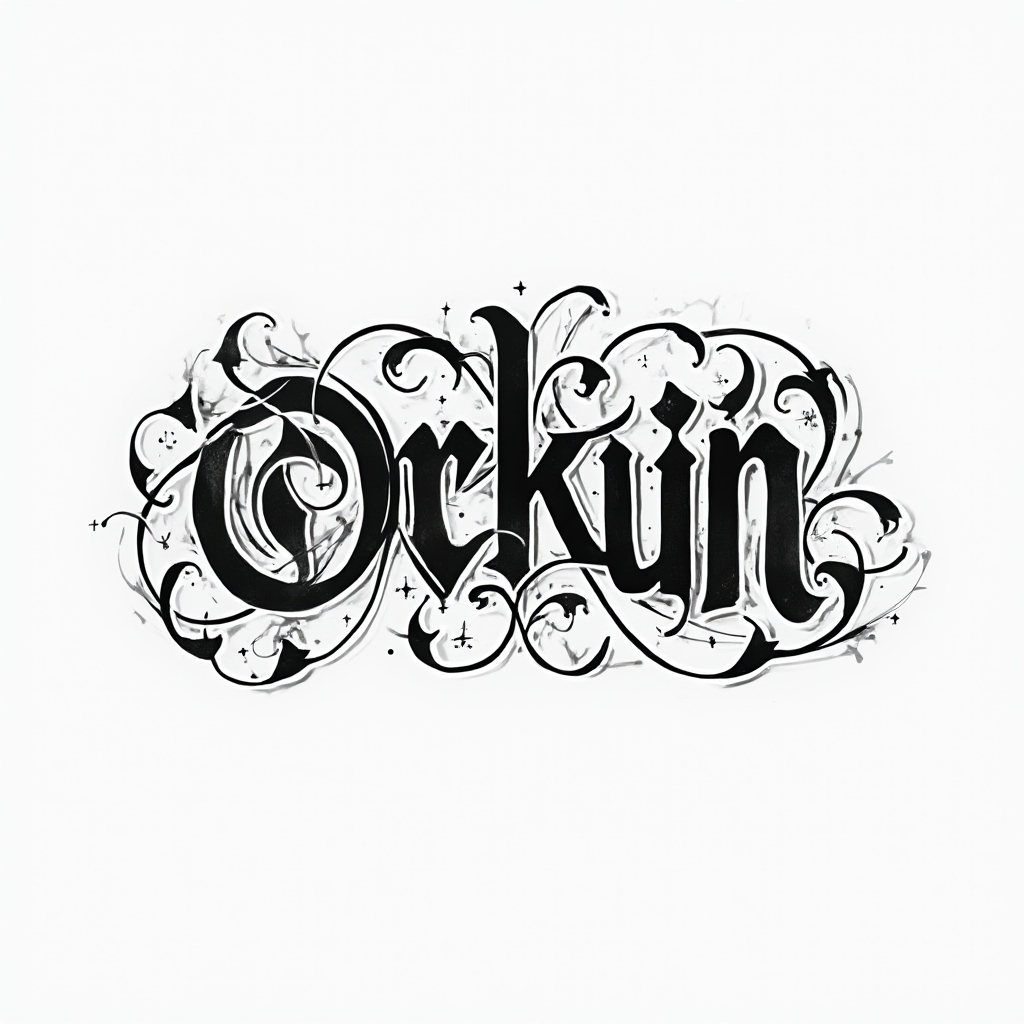 dynamic black line tattoo concept where the name orkun is formed from bold interlocking curves and hooks on white background