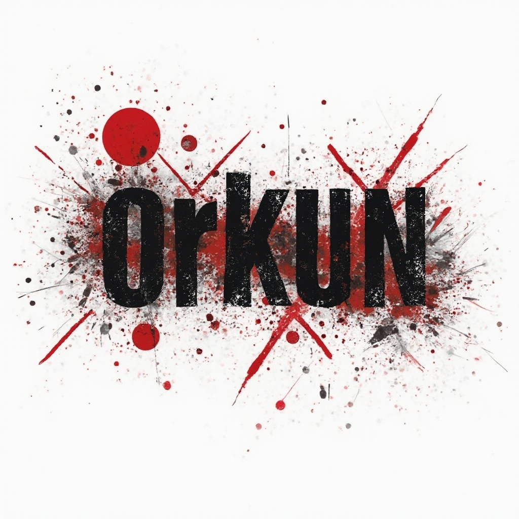 trash polka style tattoo design where the name orkun is built from distressed black letters with red splashes and geometric shapes on white background