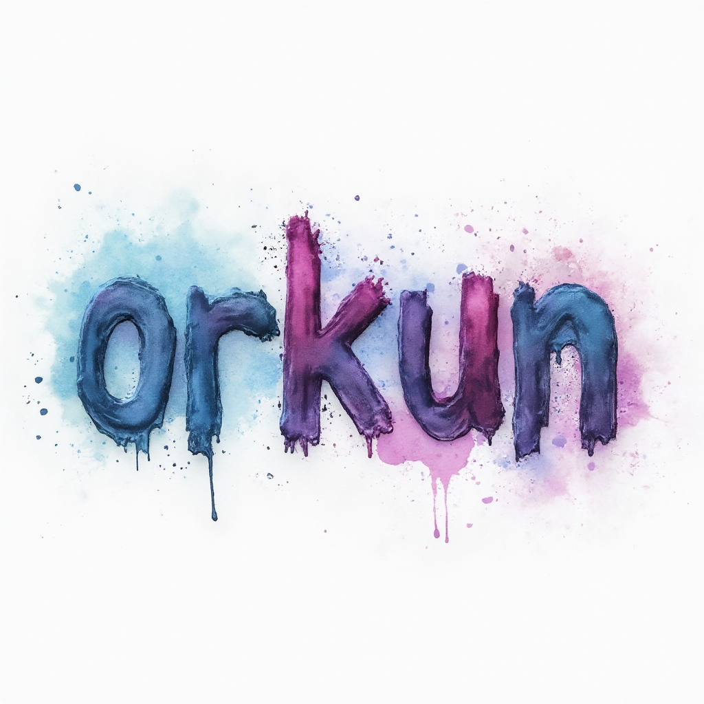 watercolor splash tattoo concept where the name orkun is formed from flowing, painted letters with colorful splashes on white background