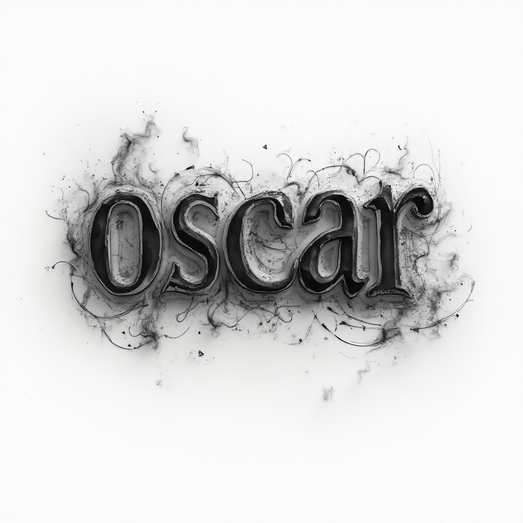 Elegant stylized tattoo concept where the name oscar is formed by sculpted, ornamental black and grey letterforms on a white background