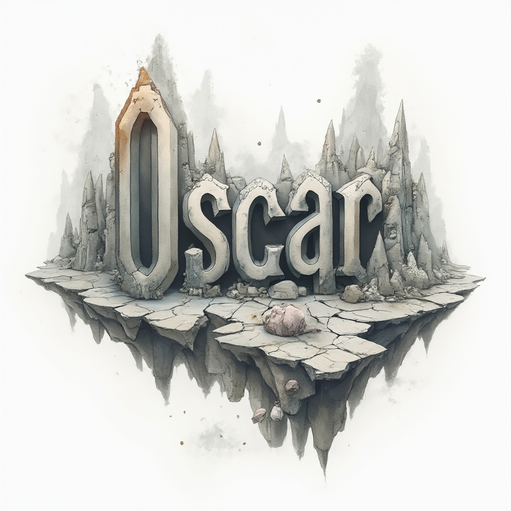 Surreal dreamscape tattoo concept where the name oscar is formed by floating architectural letter-shapes on a white background