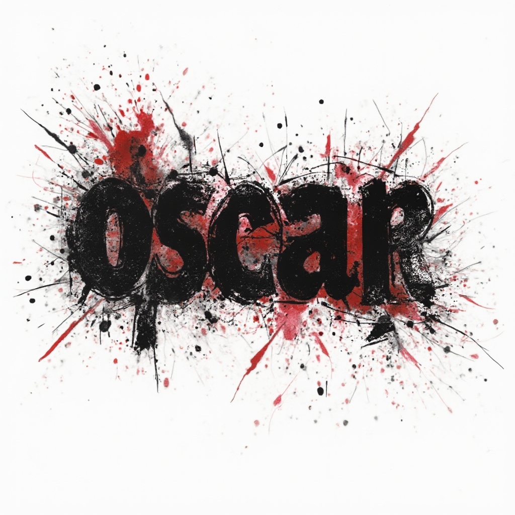 Trash Polka style tattoo concept with the name oscar formed by distressed black and red graphic lettering on a white background