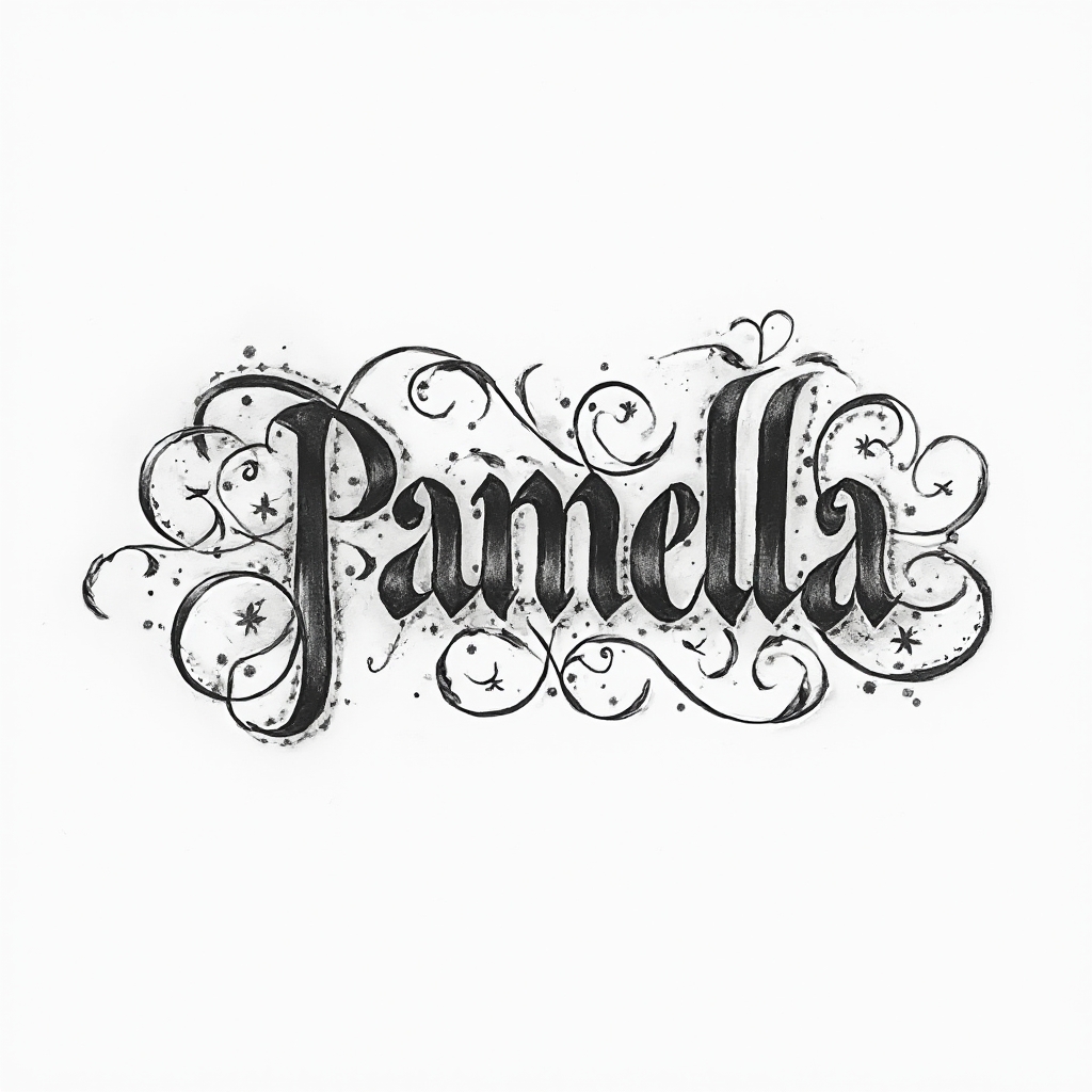 Ornamental tattoo concept where the name pamela is built from elegant, flowing decorative lines on a white background.
