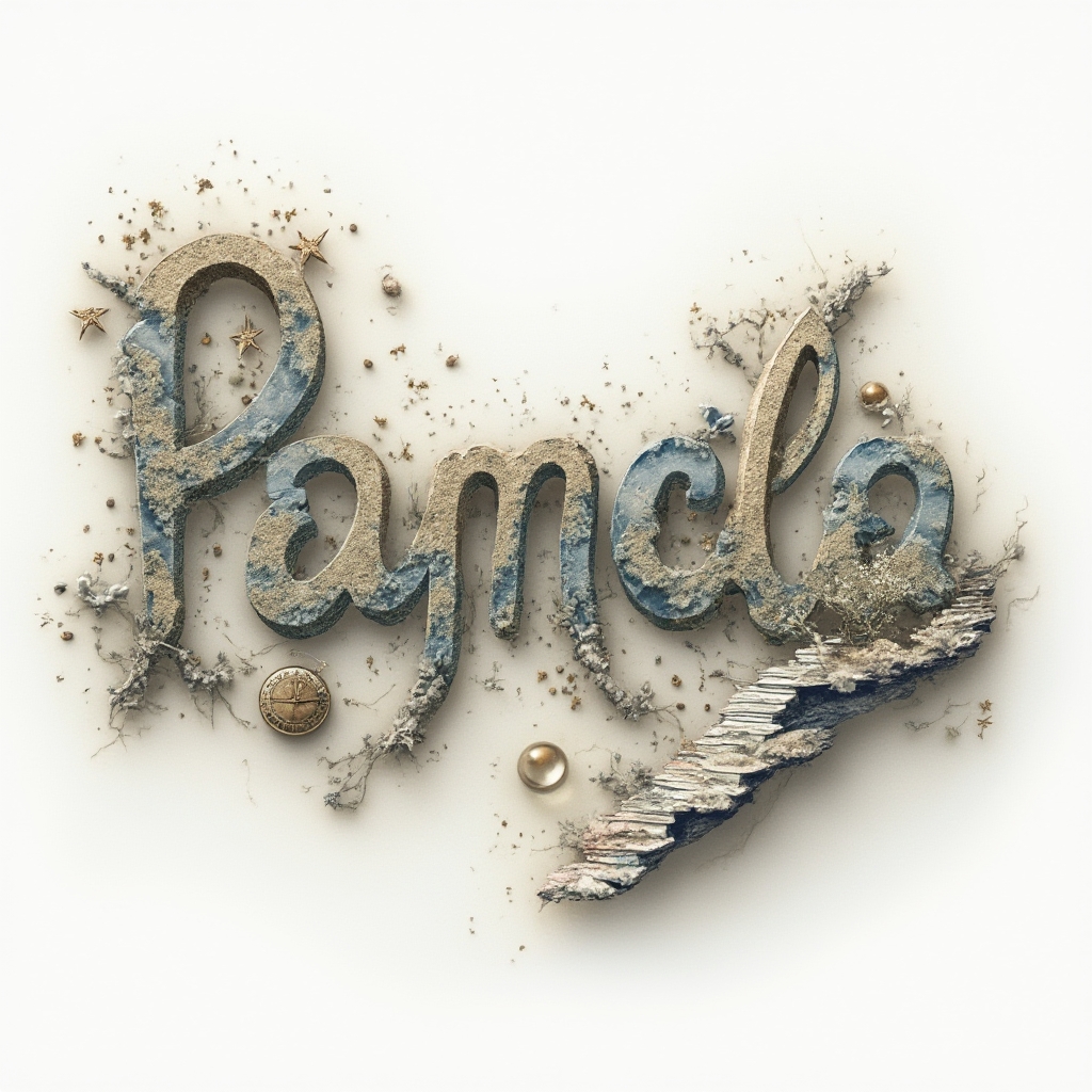 Surrealist tattoo design where the name pamela is formed by dreamlike architectural and natural shapes on a white background.