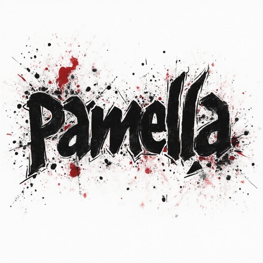 Trash Polka tattoo artwork where the name pamela emerges from bold black and red abstract shapes on a white background.