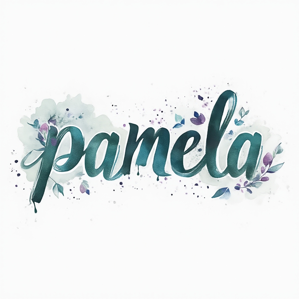 Watercolor tattoo concept where the name pamela is formed from colorful flowing paint on a white background.