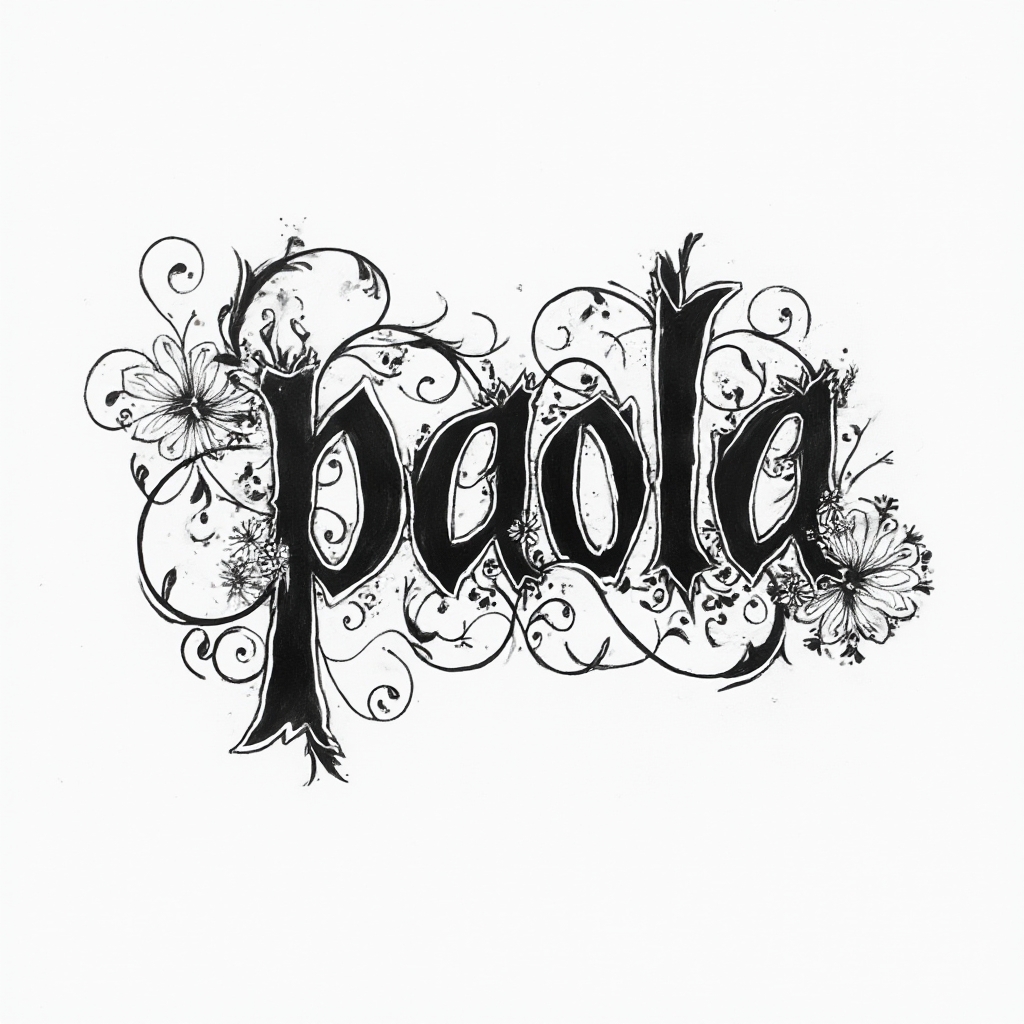 Ornamental black-ink tattoo concept where the name paola is formed from intricate decorative linework on a white background