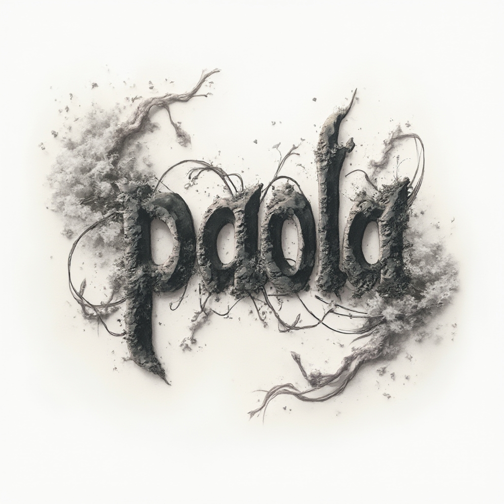 Surrealism tattoo concept where the name paola appears as melting and impossible abstract structures on a white background