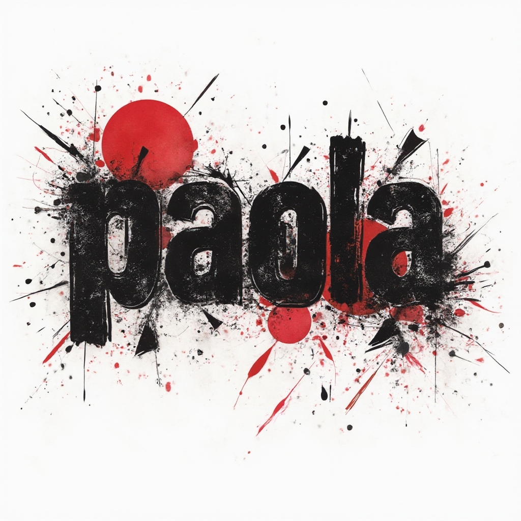 Trash Polka tattoo concept featuring the name paola in bold fragmented black and red graphics on a white background