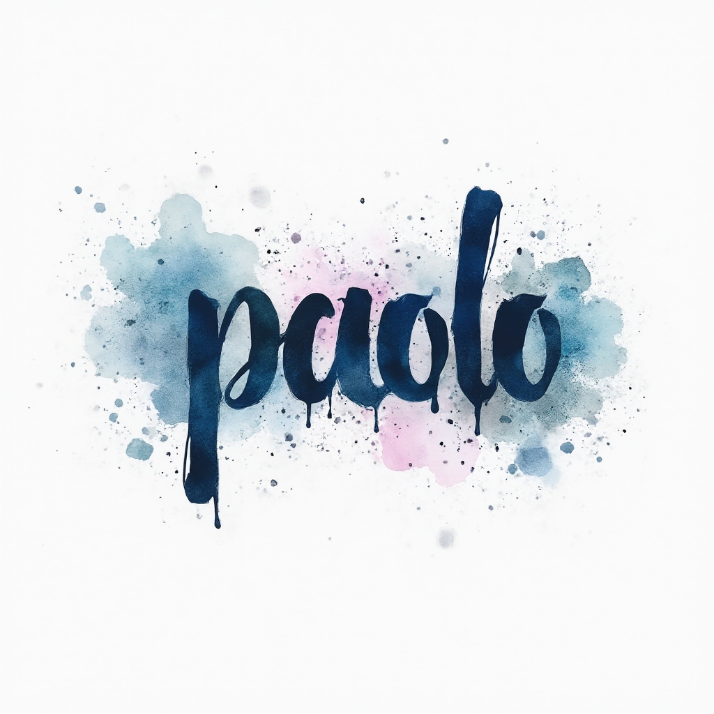 Watercolor tattoo concept where the name paolo is painted in flowing, colorful ink splashes on a white background.