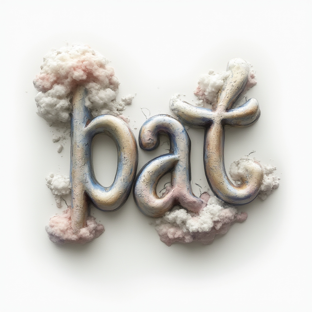 Surreal tattoo concept where the name pat is implied by floating, melting letter-forms made of stone, cloud, and liquid metal on a white background.