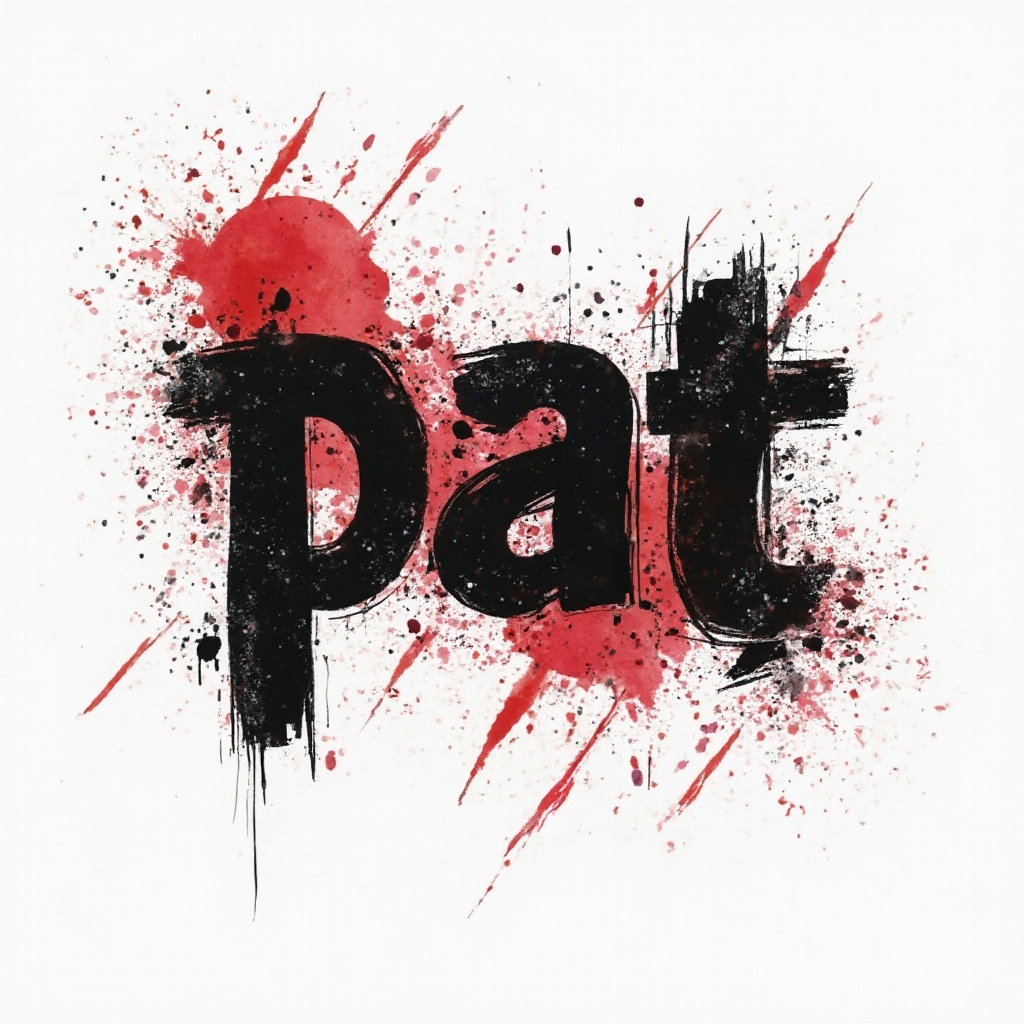 Trash Polka style tattoo concept where the name pat is formed from bold black strokes, red splatters, and grunge textures on a white background.