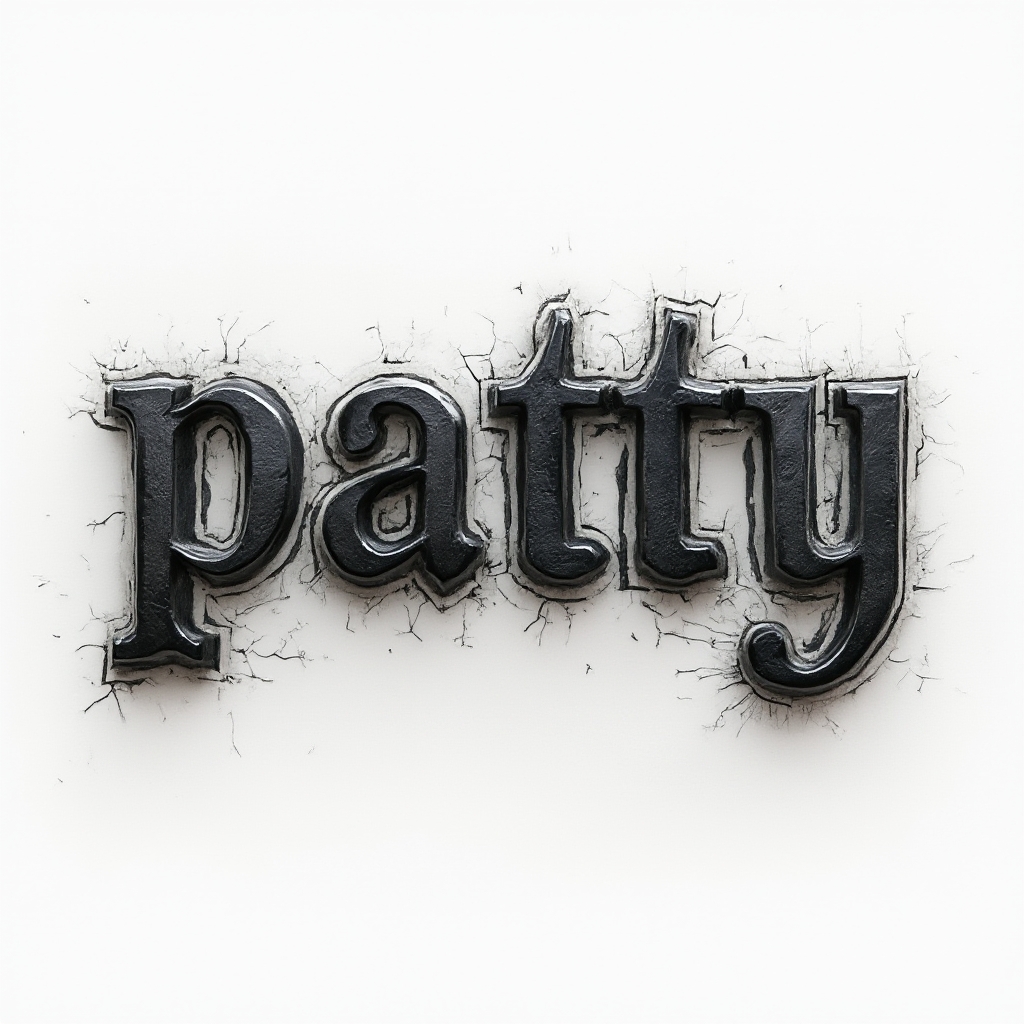 Three-dimensional sculpted black and grey tattoo concept where the name patty appears as raised, shaded letters on a white background.