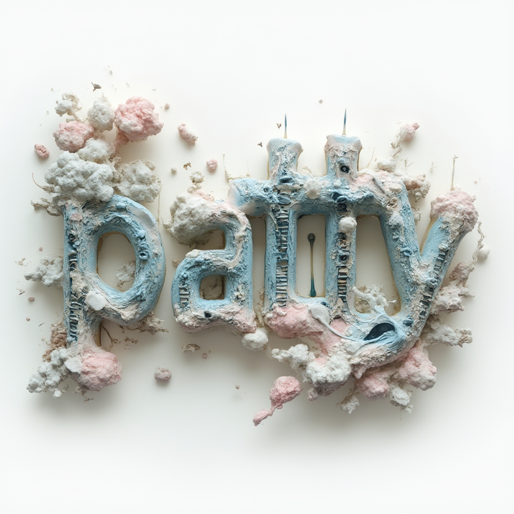 Surreal tattoo concept where the name patty is built from dreamlike stone, metal, and cloud forms on a white background.