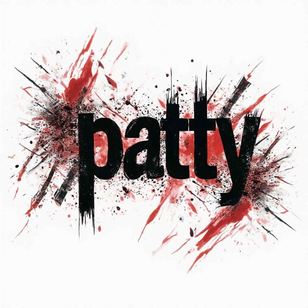 Trash Polka tattoo concept of the name patty in bold black and red fragmented lettering on a white background.
