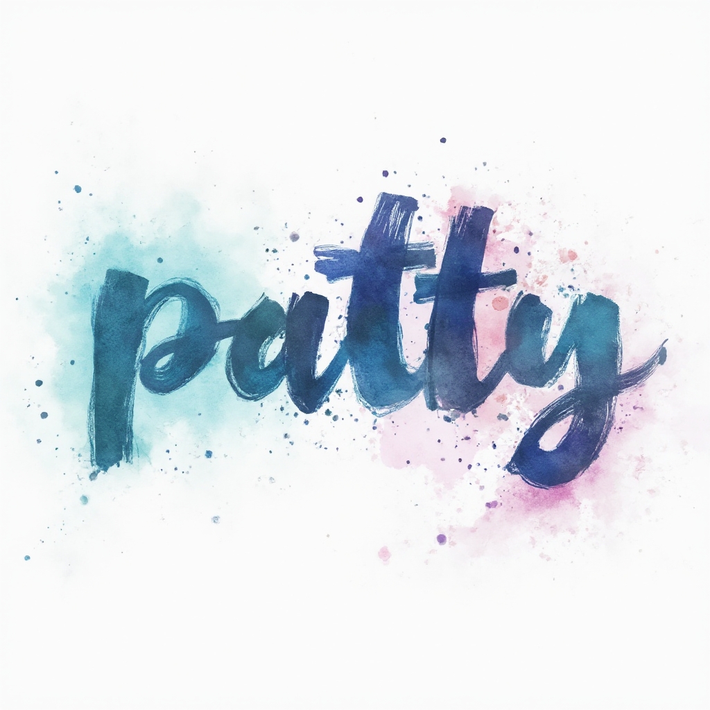 Watercolor tattoo concept where the name patty is formed from flowing multicolor brushstroke letters on a white background.