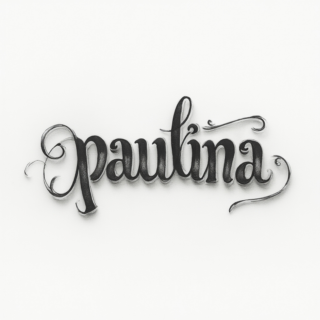 Elegant dimensional script tattoo concept showing the name paulina in smooth shaded lettering on a white background