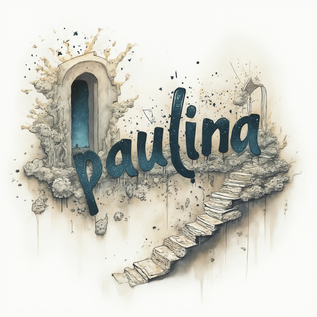Surreal tattoo concept where the name paulina becomes floating dreamlike script with impossible shapes on a white background