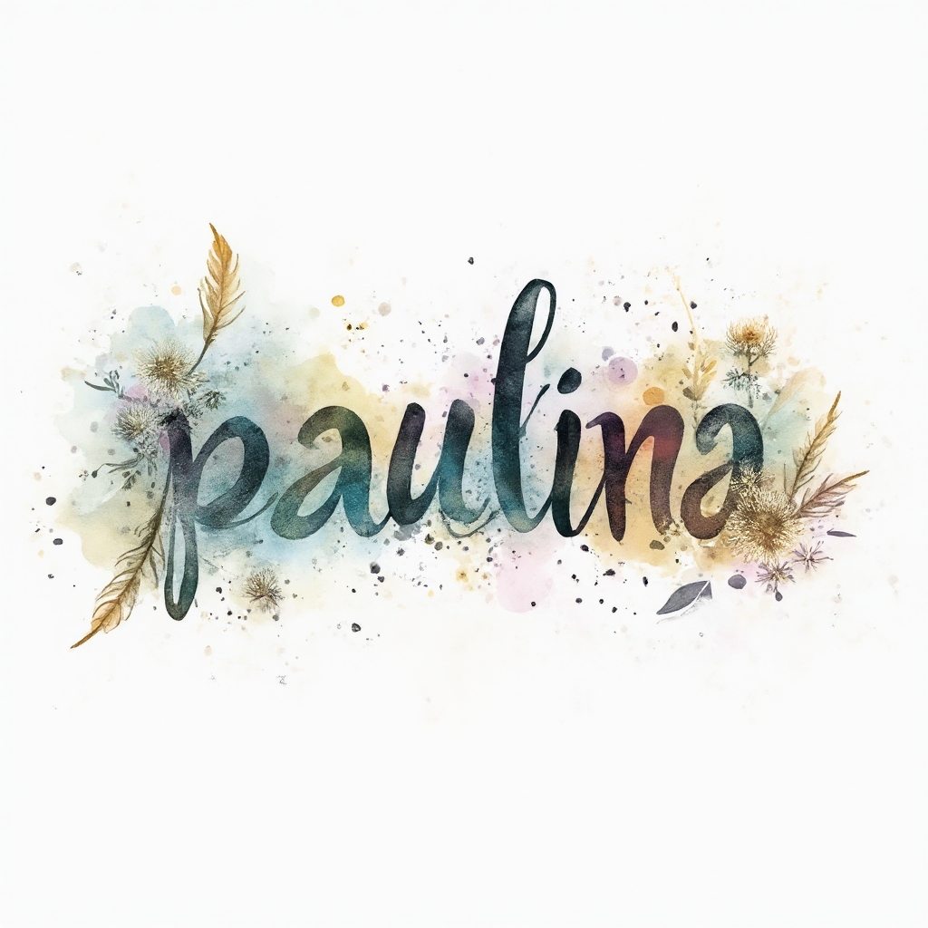 Watercolor-style tattoo concept featuring the name paulina painted in flowing colorful brushstroke lettering on a white background