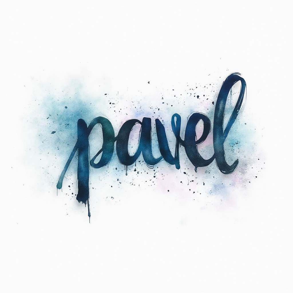Watercolor-style artistic tattoo concept integrating the name pavel with colorful ink washes on a white background.