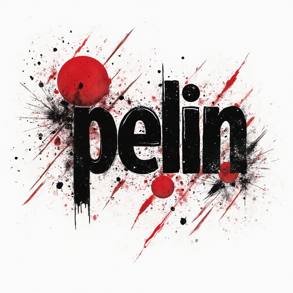 Trash Polka style tattoo design of the name pelin with bold black and red graphic elements on white background