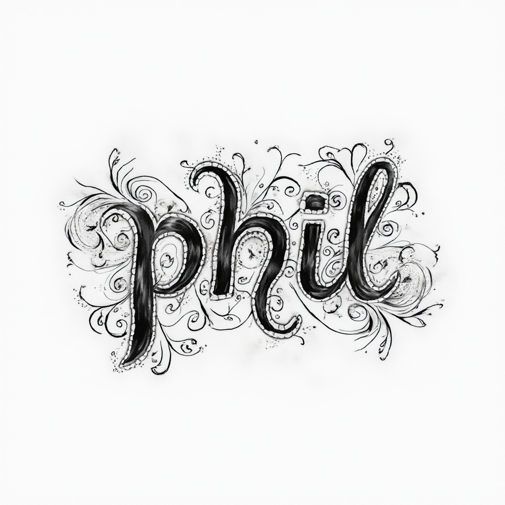 Ornamental tattoo concept with the name phil integrated into intricate decorative flourishes on a white background