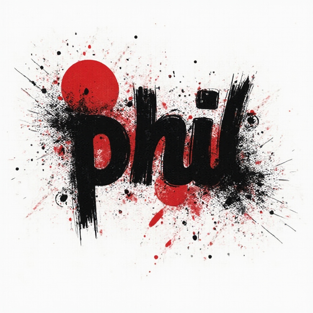 Trash Polka tattoo concept with the name phil in bold black and red distressed lettering on white background