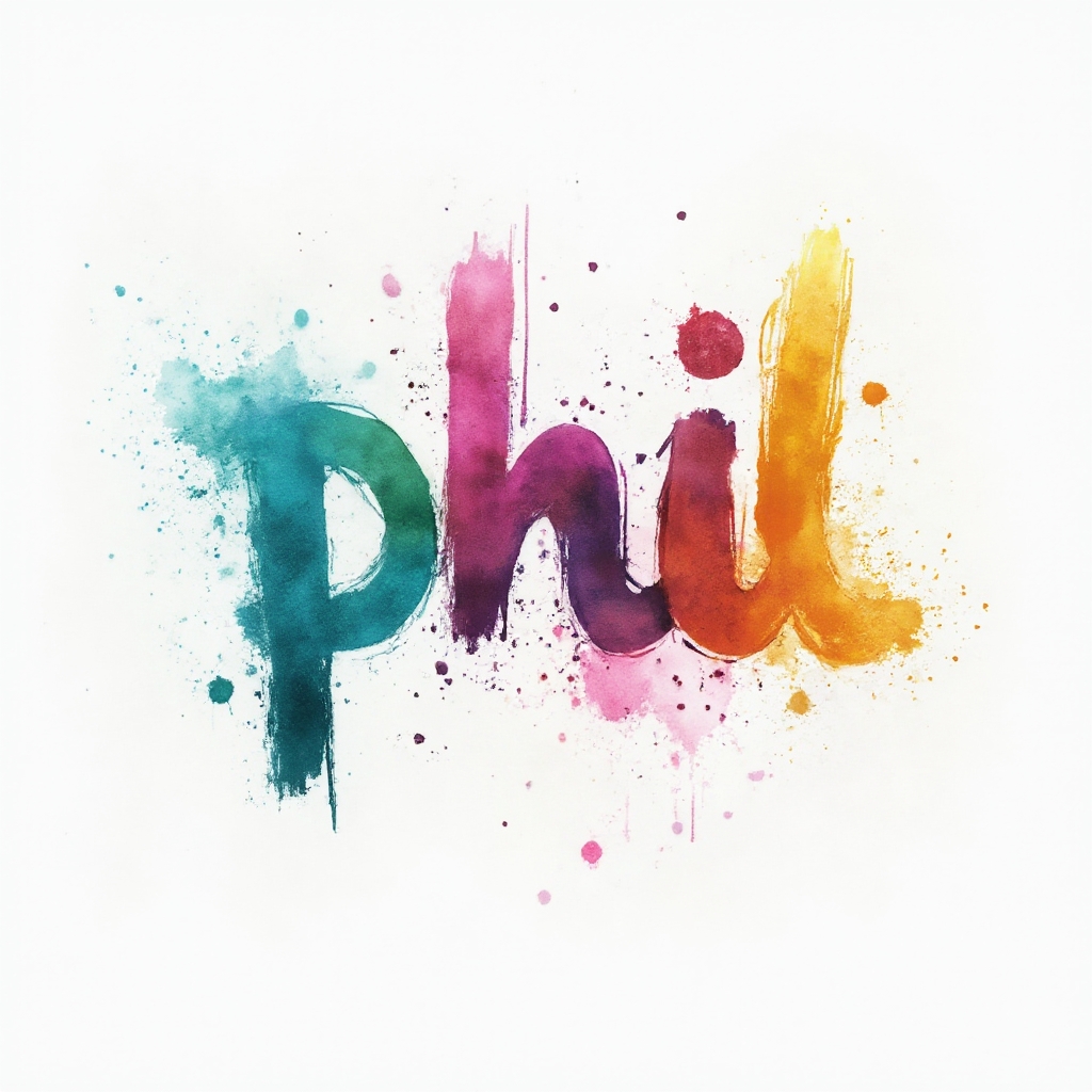 Watercolor-style tattoo concept with the name phil in colorful flowing brushstroke letters on white background
