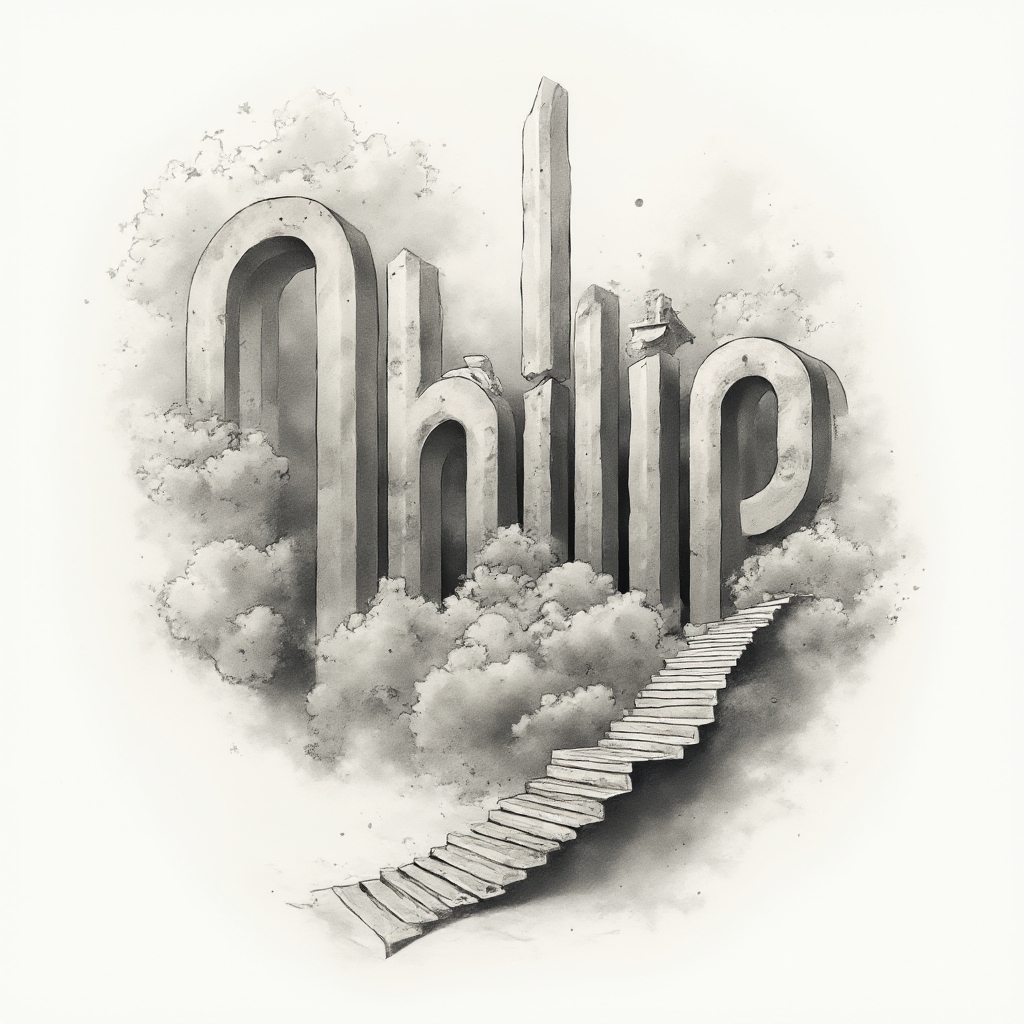 Surrealist tattoo design where the letters of philip transform into dreamlike architectural shapes on a white background