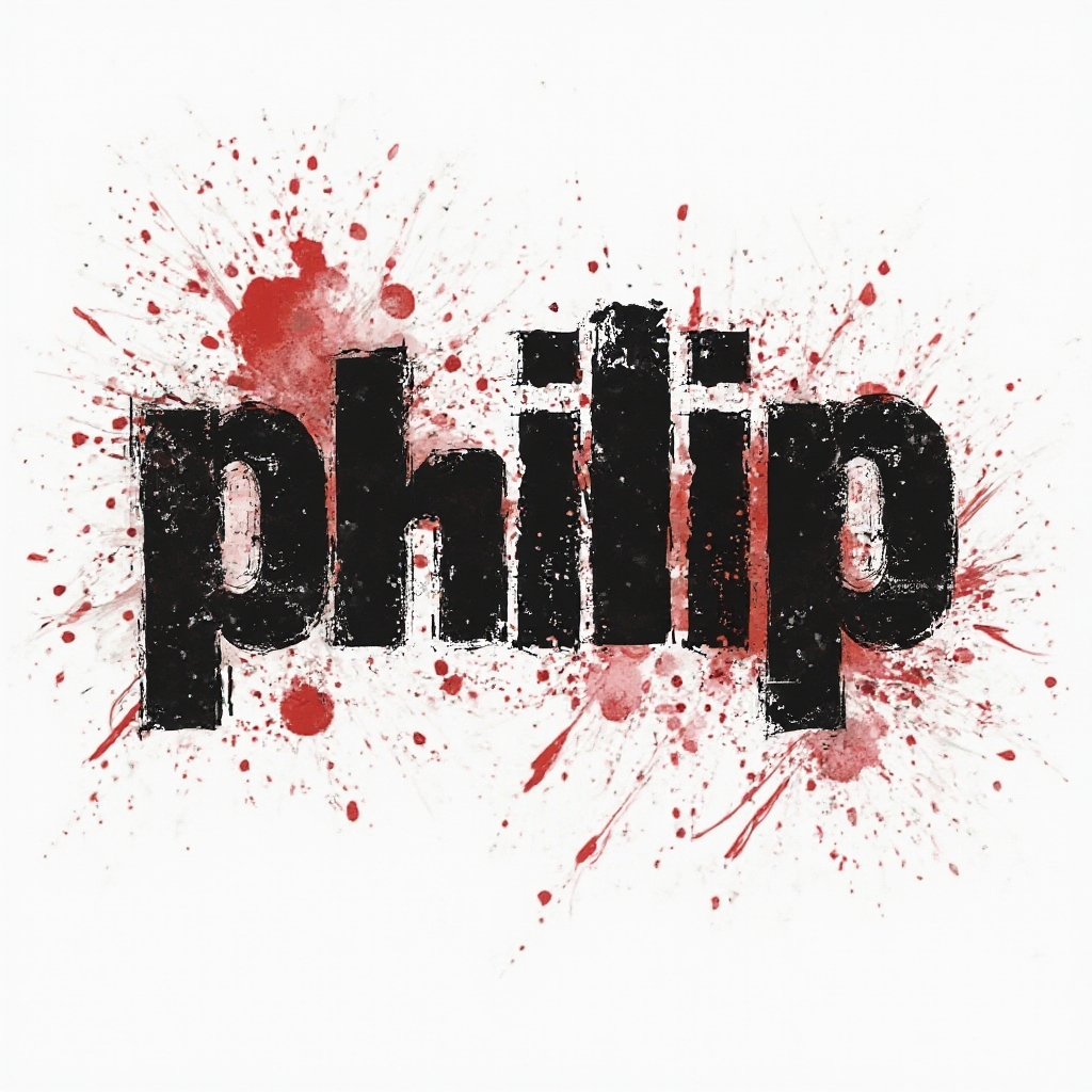 Trash Polka tattoo design with the name philip formed from distressed black and red graphic elements on a white background