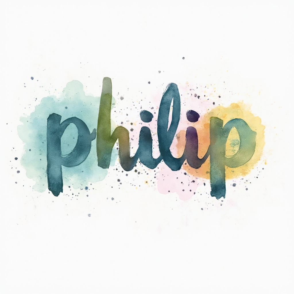 Watercolor-style tattoo concept with the name philip formed by colorful paint splashes on a white background