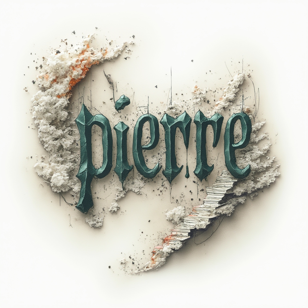 Surreal tattoo concept with the name pierre built from impossible dreamlike structures on a white background