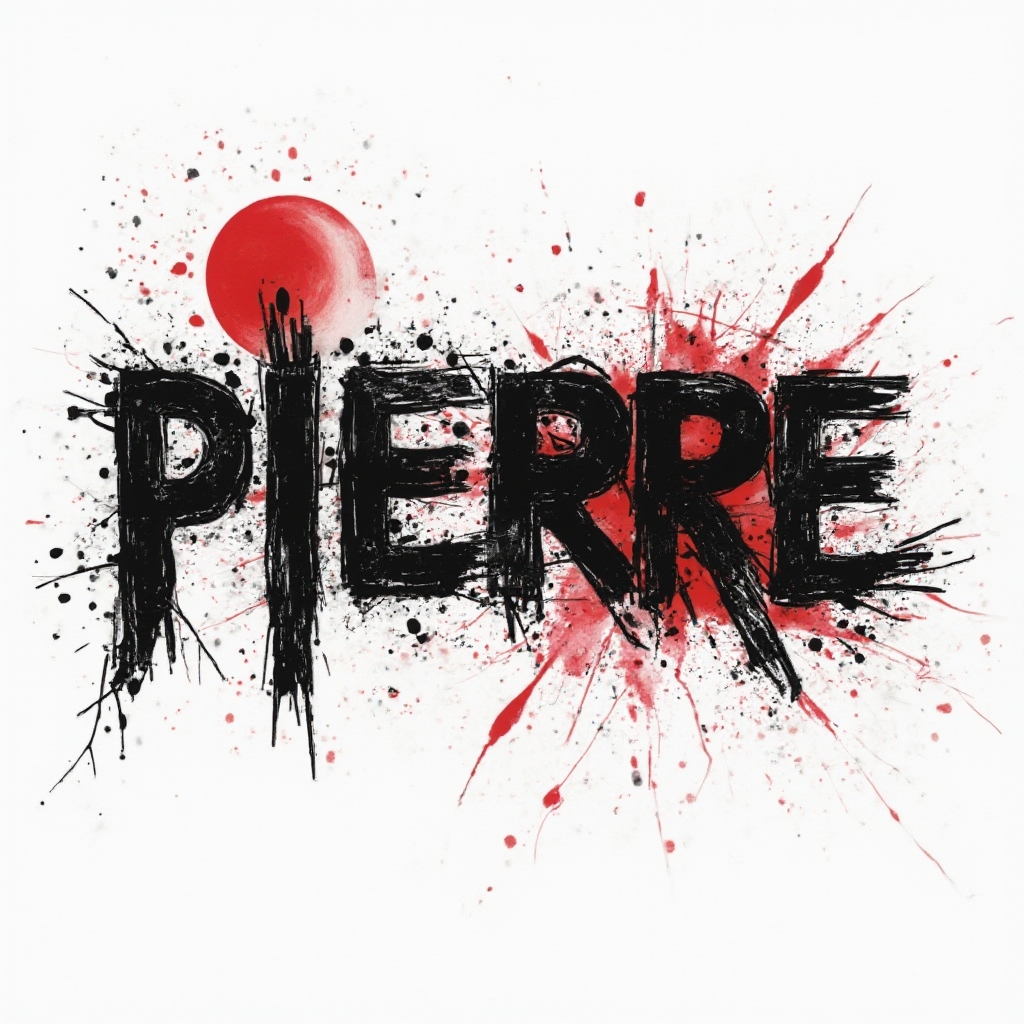 Trash Polka tattoo design of the name pierre with bold black and red abstract elements on white background