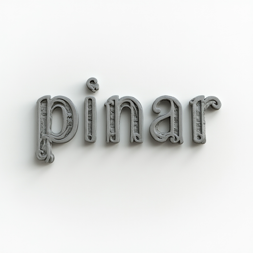 Monochrome sculpted 3D stone-style tattoo design of the name pinar with soft shadows on a white background.
