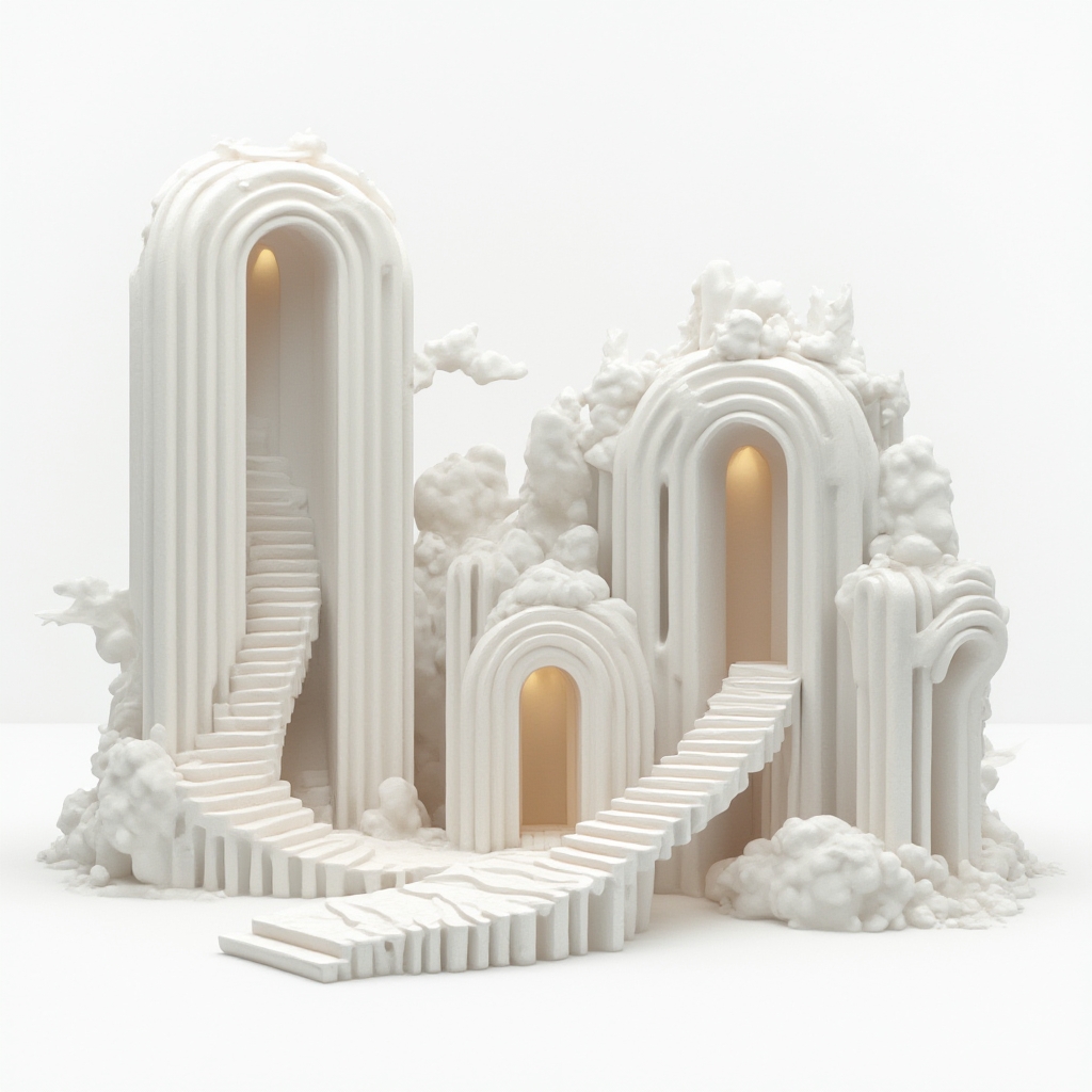 Surreal dreamlike tattoo design of the name pinar where each letter forms an impossible floating landscape on a white background.