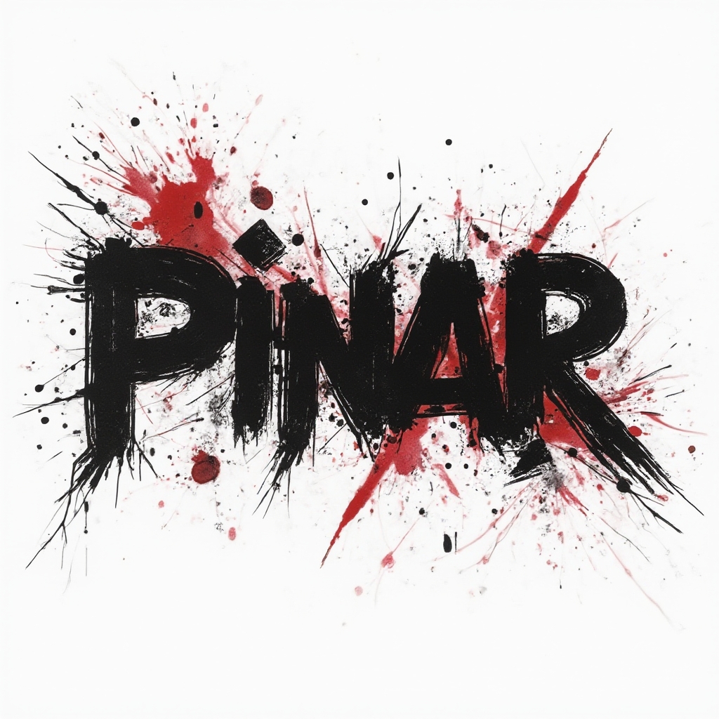 Trash Polka style tattoo design of the name pinar with bold black and red distressed lettering on a white background.