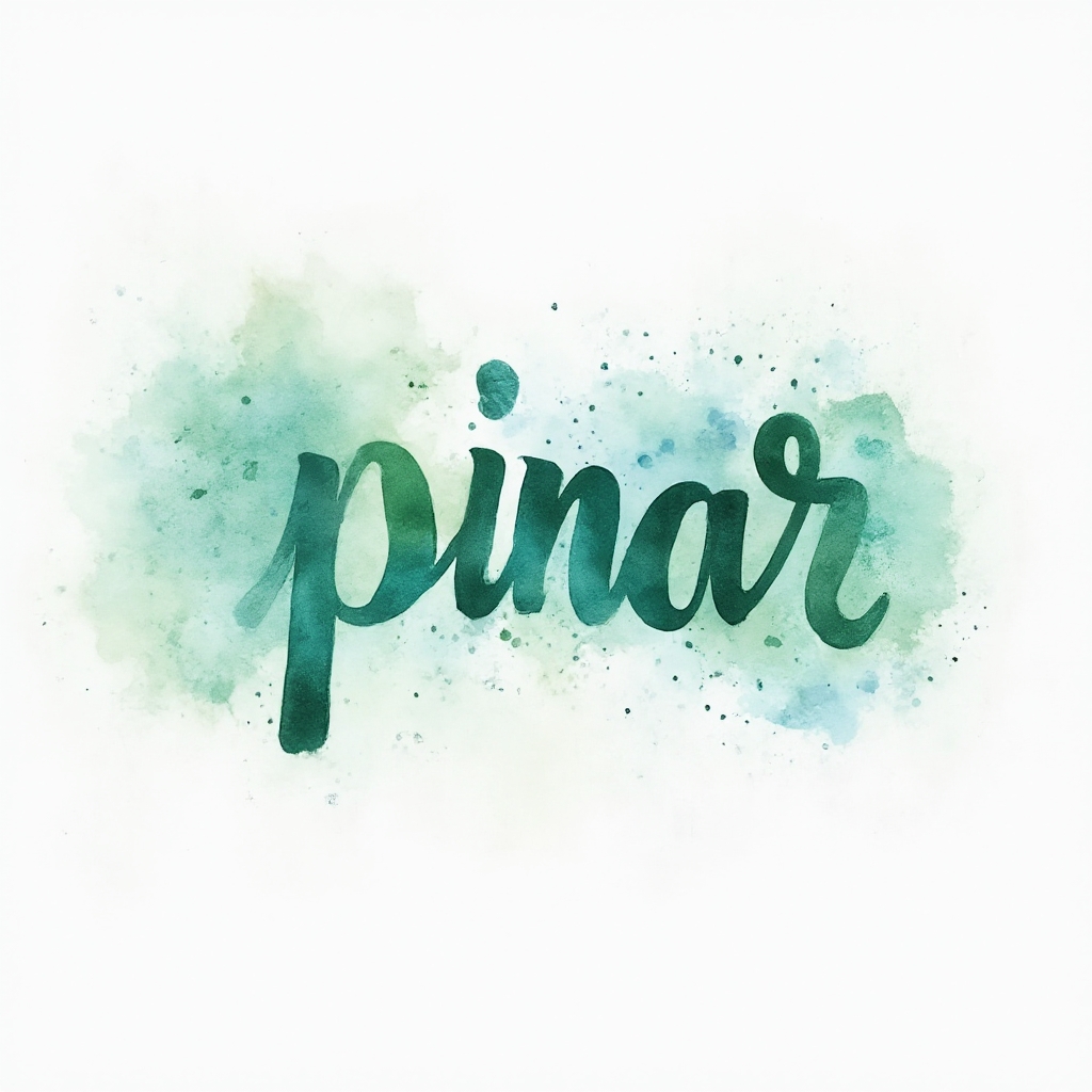 Watercolor-style artistic lettering tattoo design of the name pinar with flowing teal and green paint on a white background.