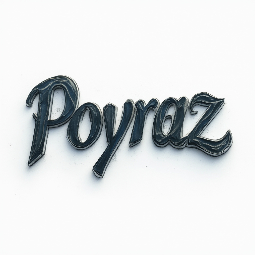 Dimensional name tattoo concept with sculpted flowing ‘poyraz’ letters casting soft shadows on a white background.