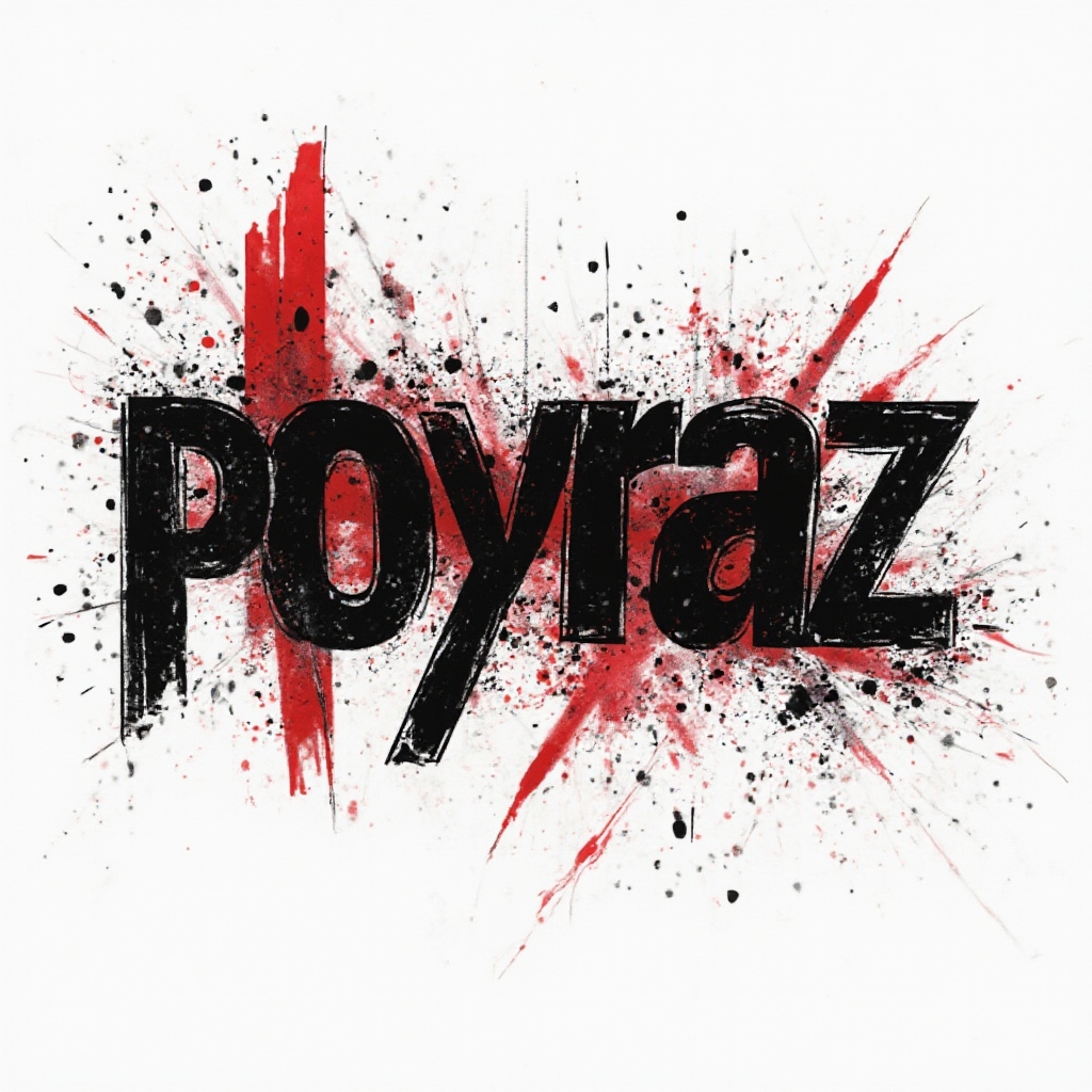 Trash Polka-inspired name tattoo with bold black and red fragmented ‘poyraz’ lettering on a white background.
