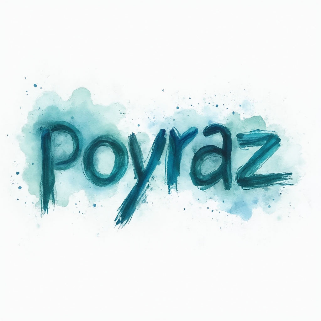 Watercolor-style name tattoo concept with ‘poyraz’ painted as flowing blue and turquoise brushstroke letters on a white background.