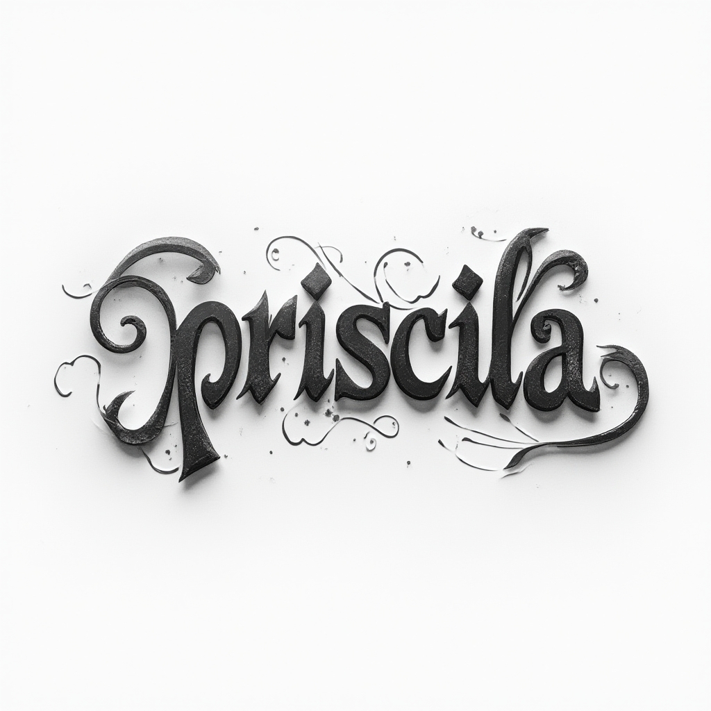 Three-dimensional flowing tattoo lettering where the name priscila appears as sculpted, dynamic letters on white.