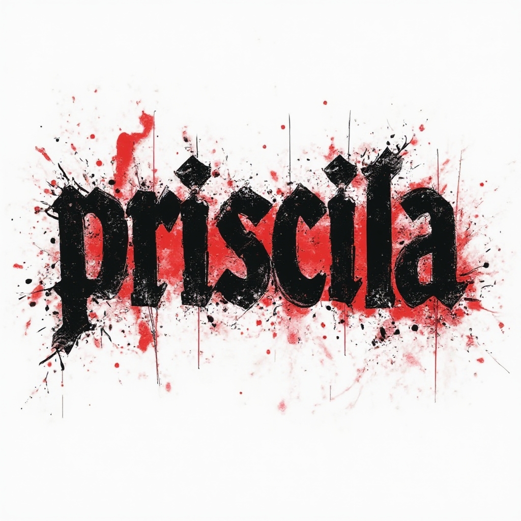 Trash Polka tattoo design where the name priscila is formed with bold black and red distressed lettering on white.