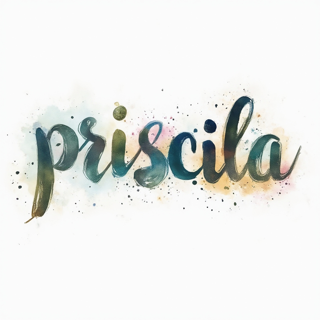 Watercolor-style tattoo design where the name priscila is built from colorful paint strokes on a white background.
