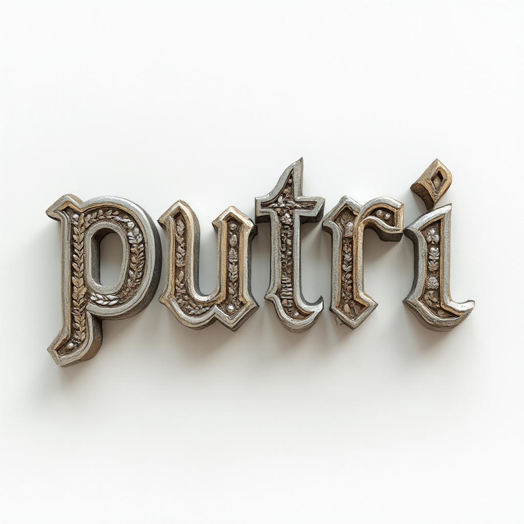 Dimensional tattoo concept where the name putri appears as interlocking stone and metal 3D letters on a white background.