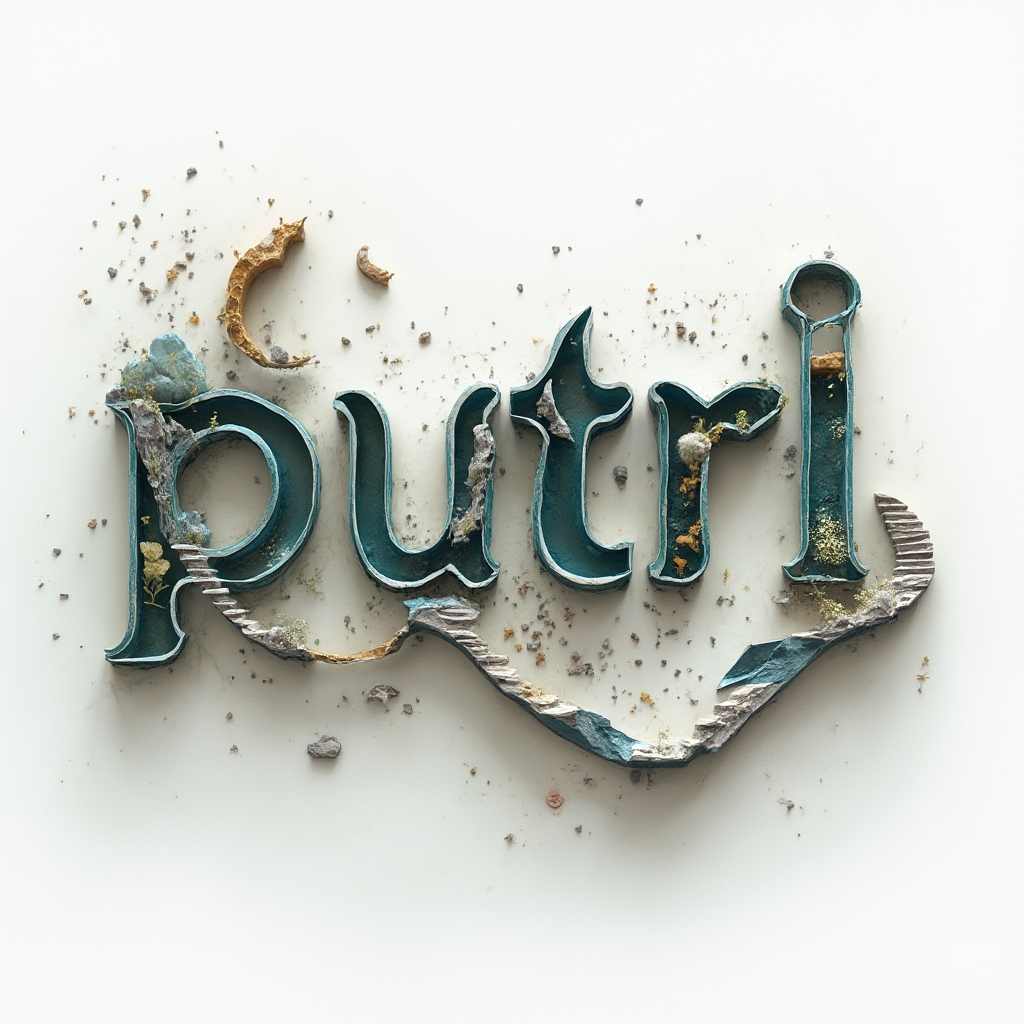 Surrealism tattoo concept where the name putri appears as melting, impossible letter structures floating on a white background.