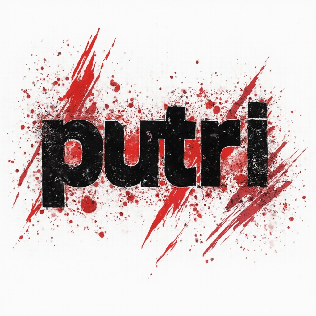 Trash Polka tattoo concept where the name putri is rendered in bold black letters with red splashes and splatters on a white background.